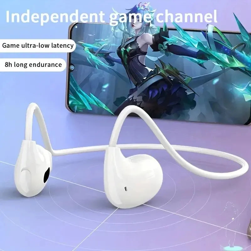 White wireless air conduction sport headphone with sleek curved design and flexible neckband for secure fit during workouts