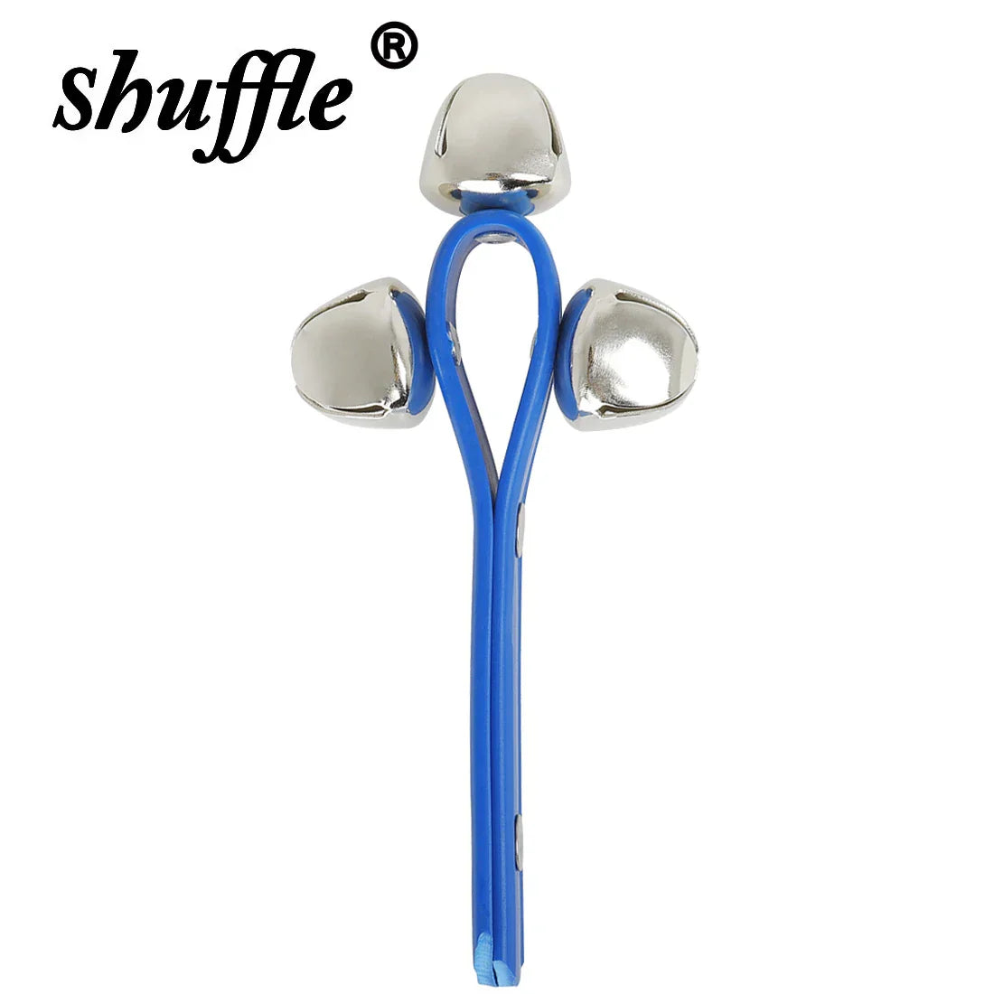 Blue plastic handle rattle bell tambourine with three silver bells made of tambourine abs plastic for percussion use