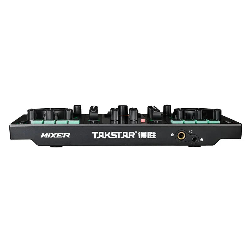 Original takstar mx3 black dj mixer with teal control pads and knobs for karaoke webcast recording and mixing console podcast use