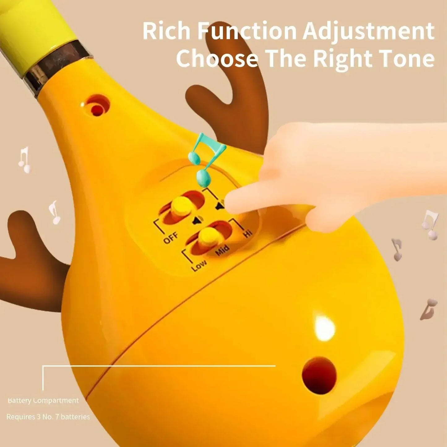 Bright yellow plastic otamatone electronic musical synthesizer toy deer with brown antlers and black neck band for kids