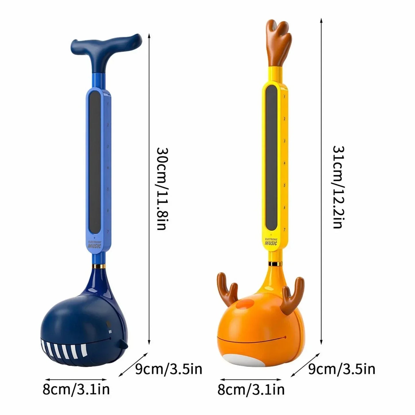 Blue and yellow otamatone electronic musical toy portable synthesizer shaped like a whale and reindeer with screen and handle