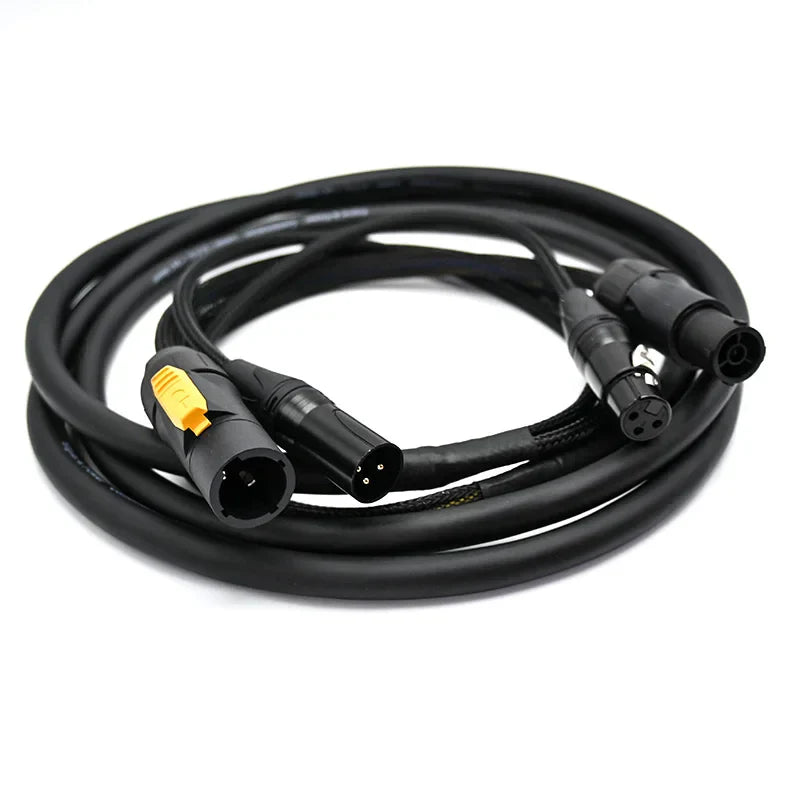 Black coiled outdoor 3 pin dmx truecon combo cable with yellow labeled connector for 10m ip65 xlr speaker moving head use