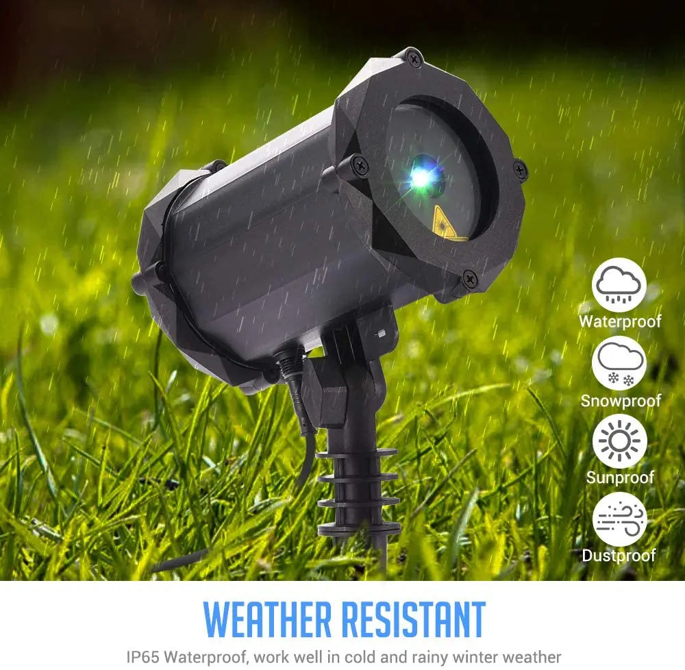 Black weather-resistant outdoor light projector christmas with geometric design glowing blue rgb holiday lighting