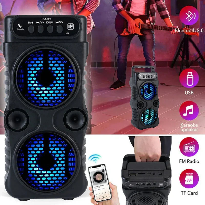 Black portable wireless speaker with blue led-lit mesh grilles and multiple ports for stereo subwoofer bass dancing party family use