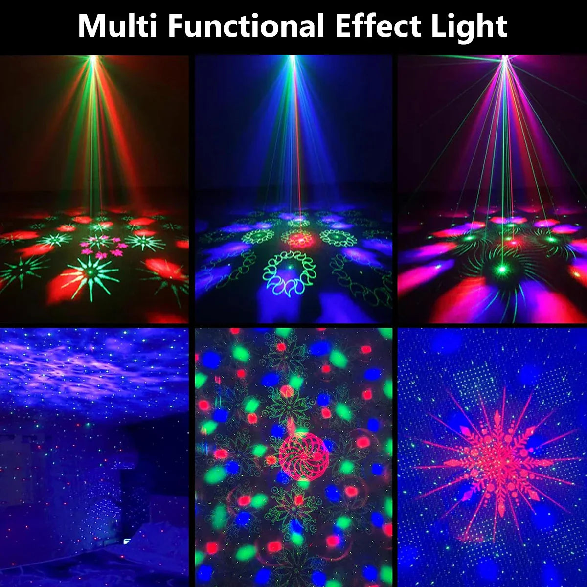 Multi-functional party disco ball projecting red green blue and purple laser patterns with disco light strobe for control stage rave