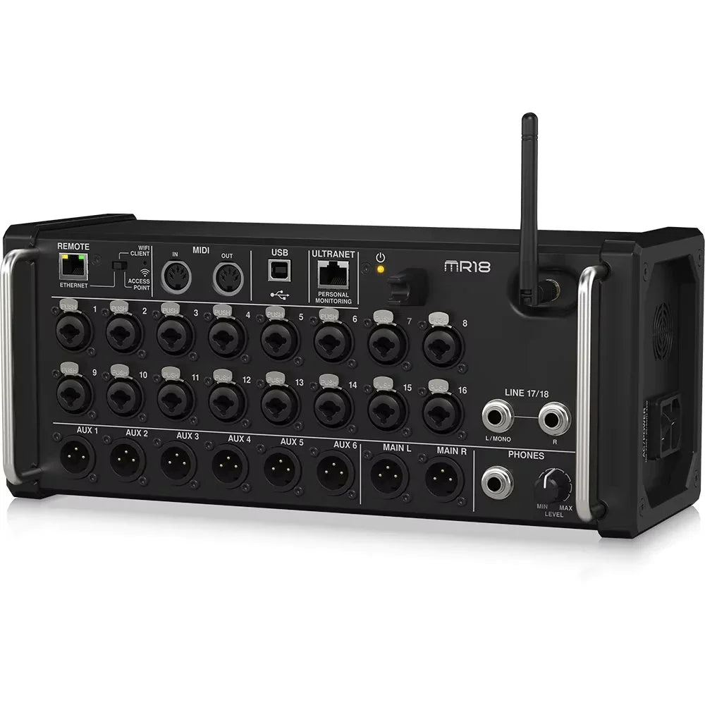Black paulkitson mr18 rack digital mixer with multiple ports and wireless antenna for studio recording console ipad android tablets