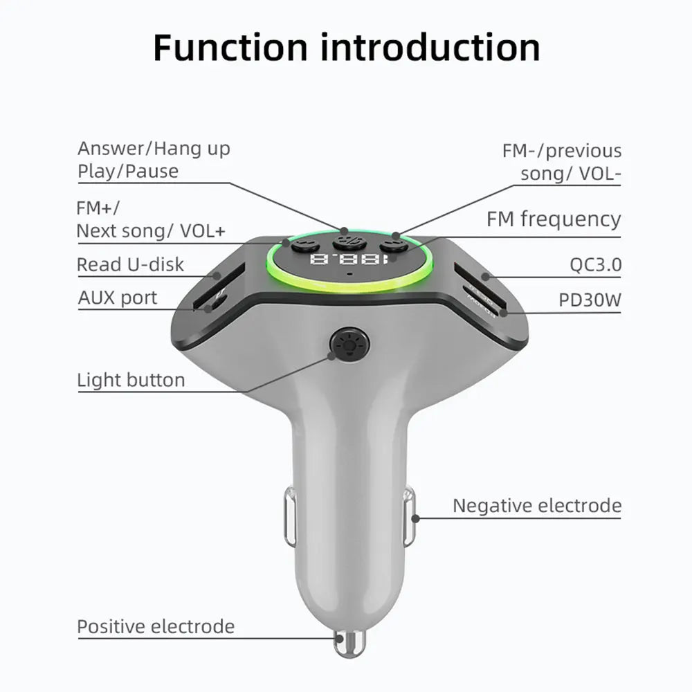 Silver PD30W+QC3.0 car mp3 player with green display, buttons for transmitter wireless handsfree and car fast charger ports
