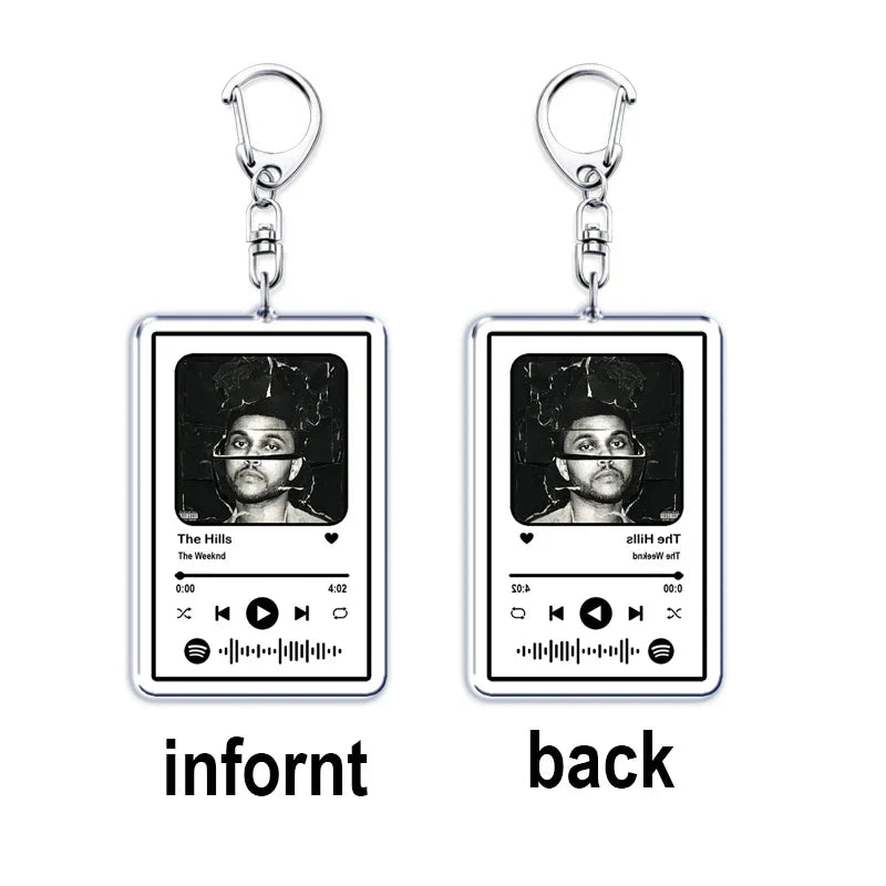 Silver rectangular music keychain custom with black and white spotify design featuring the weeknd for boyfriend girlfriend valentines