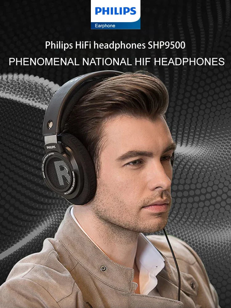 Black philips shp9500 wired over-ear headphones with sleek design and 3.5mm interface computer laptop universal headset
