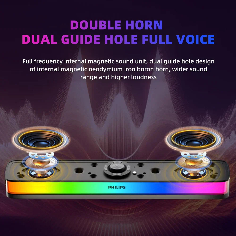 Philips spa6109 gaming desktop soundbar with dual horn speakers and colorful rgb noise reduction light strip front edge