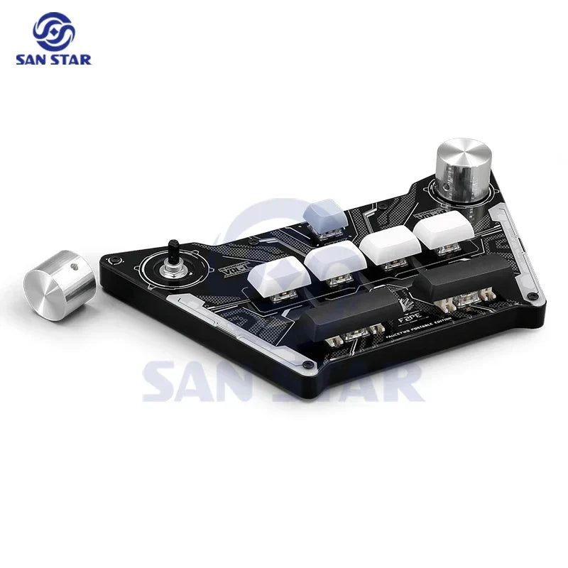 Black san star gaming keyboard with white silver keys and metallic knobs featuring circuit board design for pocket voltex sdvx djmax controller arcade sound voltex joystick
