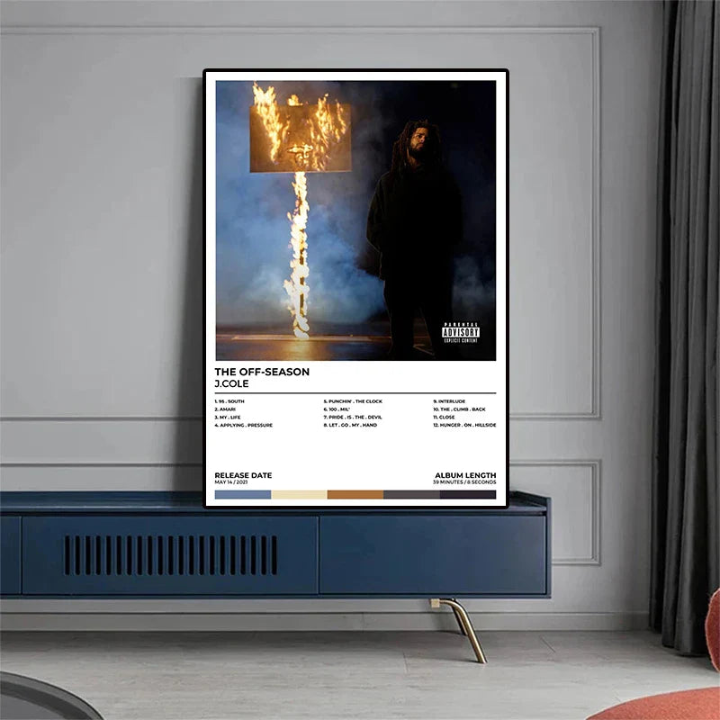 Black-framed j cole poster aesthetic featuring pop rap music album design on season canvas print wall art