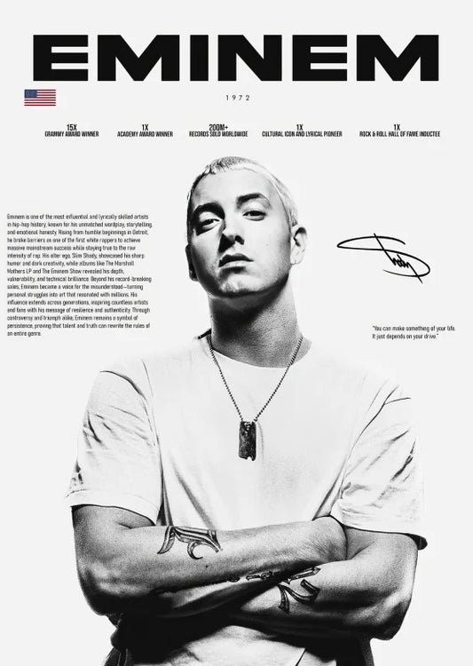 Black-and-white portrait of eminem wearing a white t-shirt and silver dog tag on pop rapper legends canvas print wall art