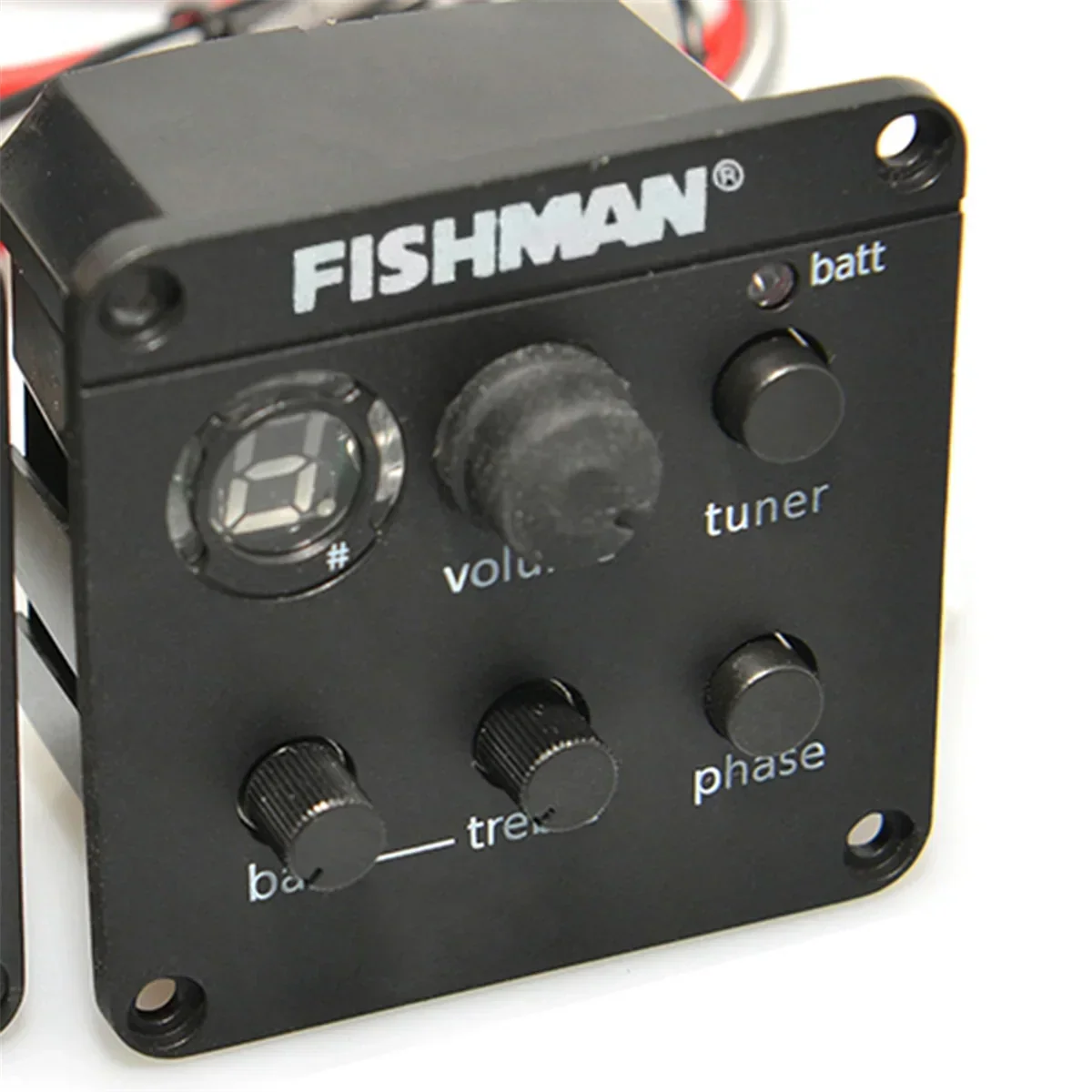 Black fishman guitars guitar pickup control panel with digital display tuner dial volume and phase treble knobs popular fishman guitars