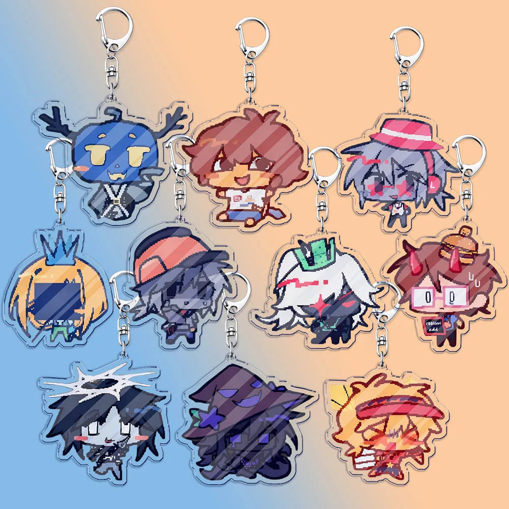 Clear acrylic cartoon chibi keychain accessories bag charms featuring colorful game cartoon chibi characters with silver clasps