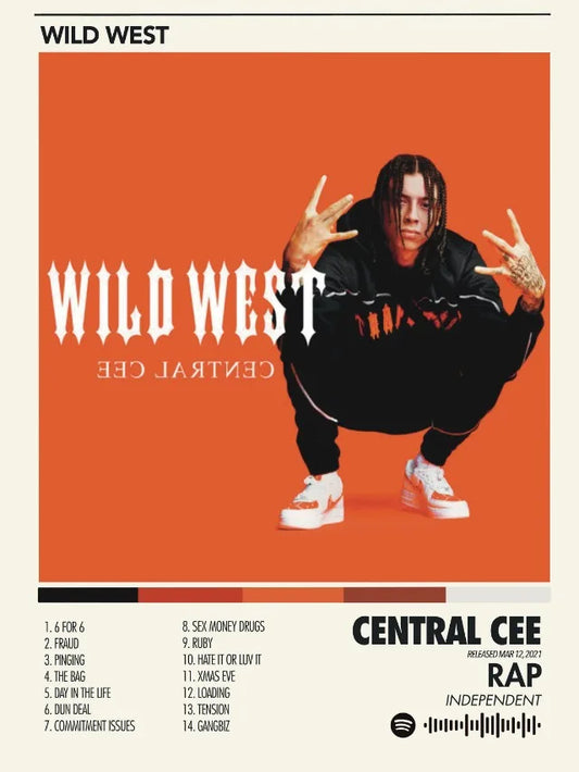 Orange central cee wild west album cover print on canvas featuring hip hop singer for bedroom home decor fans gifts