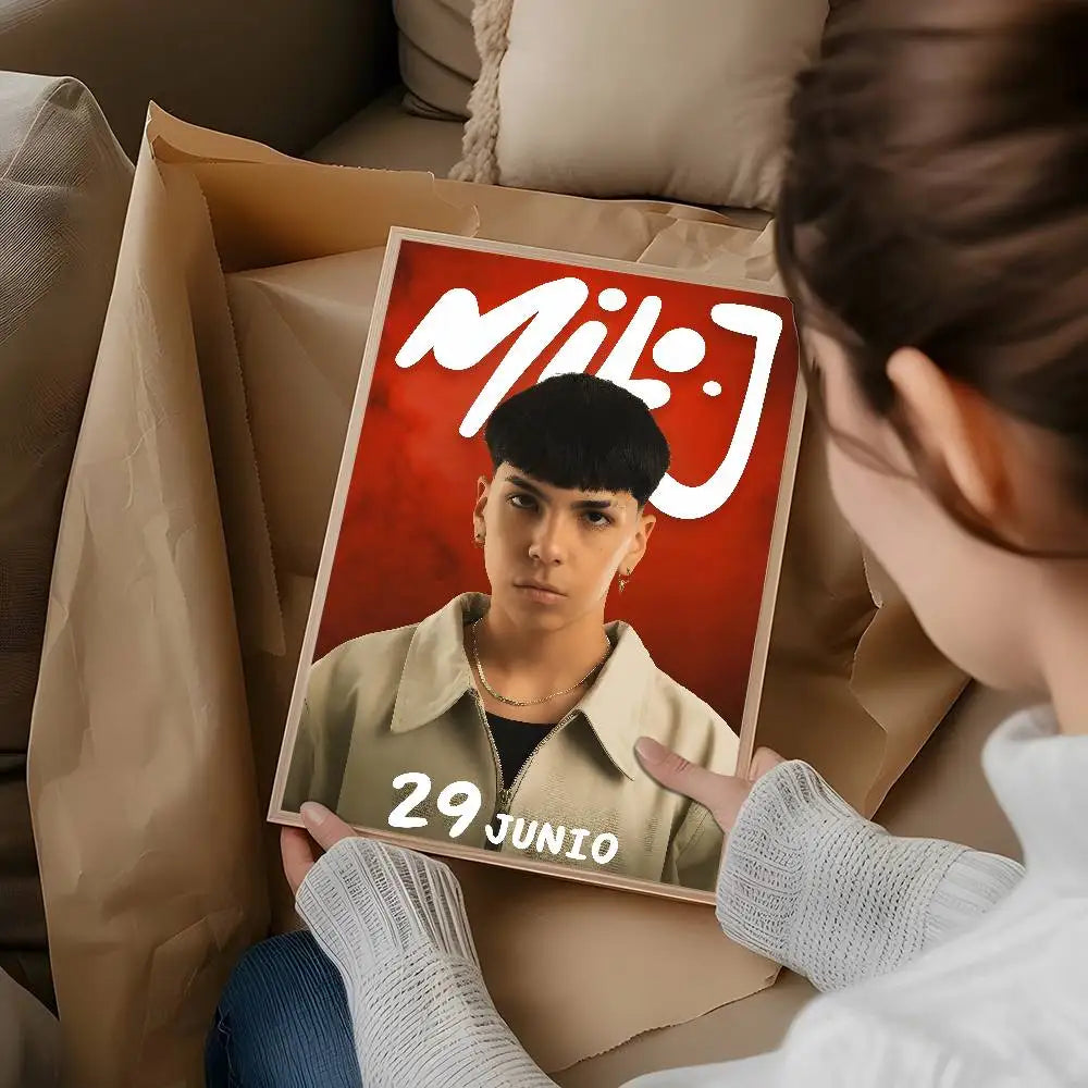 A framed poster of popular rapper singer m milo j with bold white lettering on red perfect for living room aesthetic decoration painting stickers