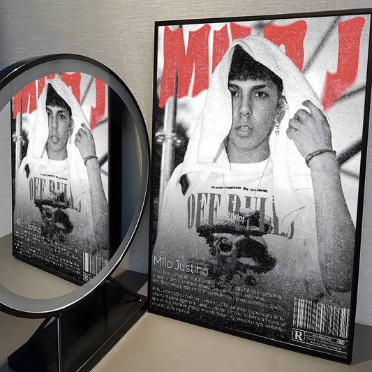 Black-framed poster featuring popular rapper singer milo justino in white hoodie for living room aesthetic decoration painting stickers