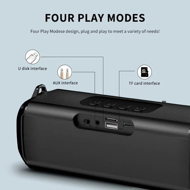 Black portable wireless bluetooth music player micrphone with textured surface and usb aux tf card ports back view