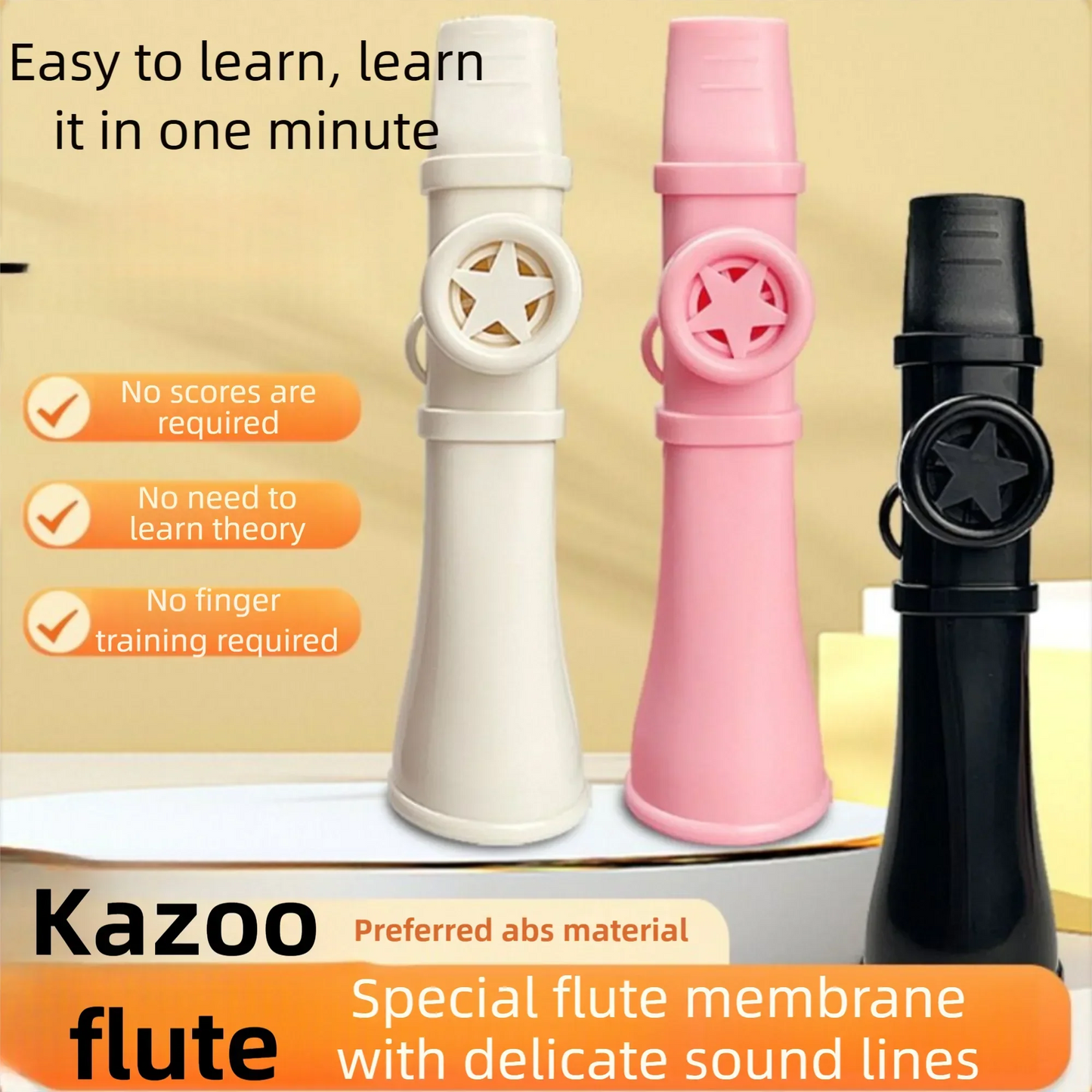 Three colorful portable ABS kazoo flutes in white pink and black with star cutouts musical whistle toy to learn instruments