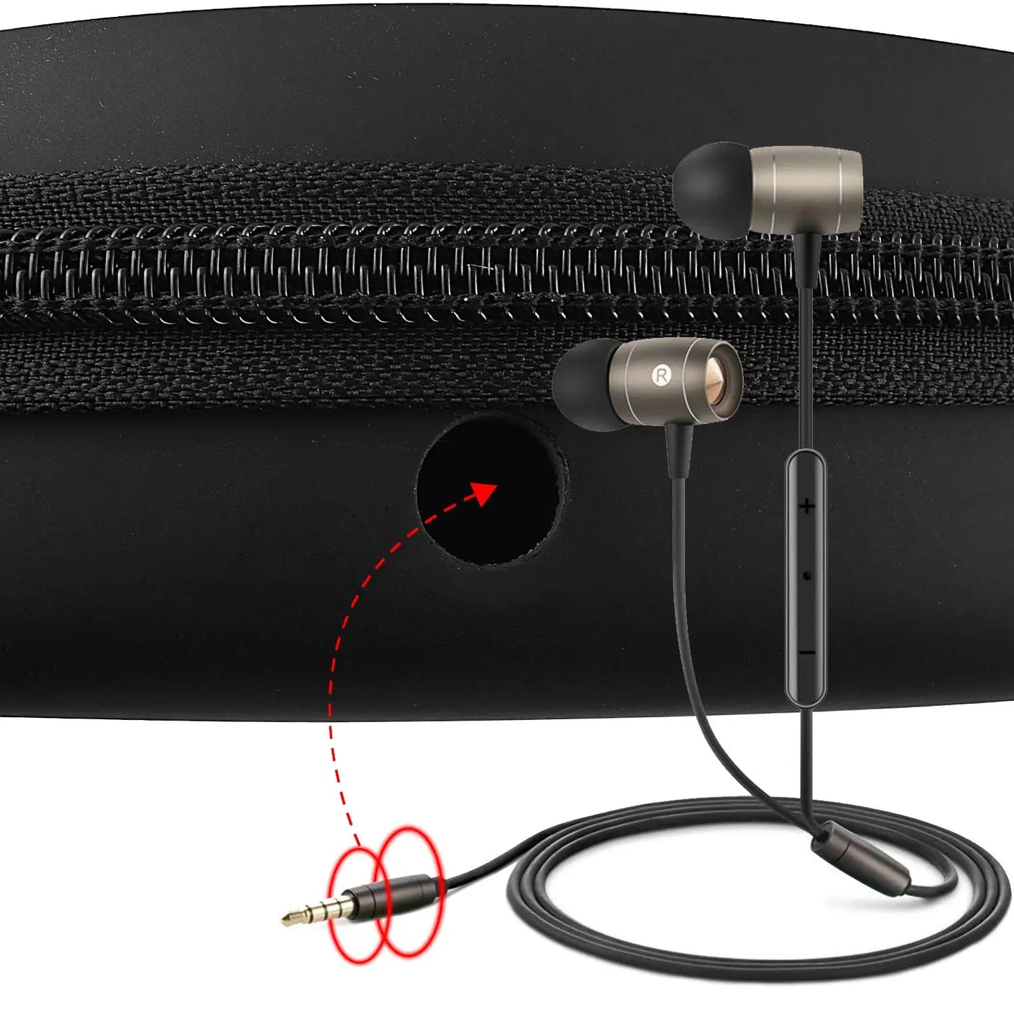 Silver in-ear headphones with black tips and inline controls emerging from a black zippered portable cd player case compatible with hott cd204 903tf and monodeal disc player