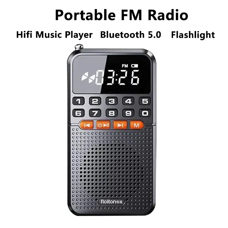 Black portable fm mini radio receiver bluetooth with speaker tf card slot orange buttons and perforated speaker grille