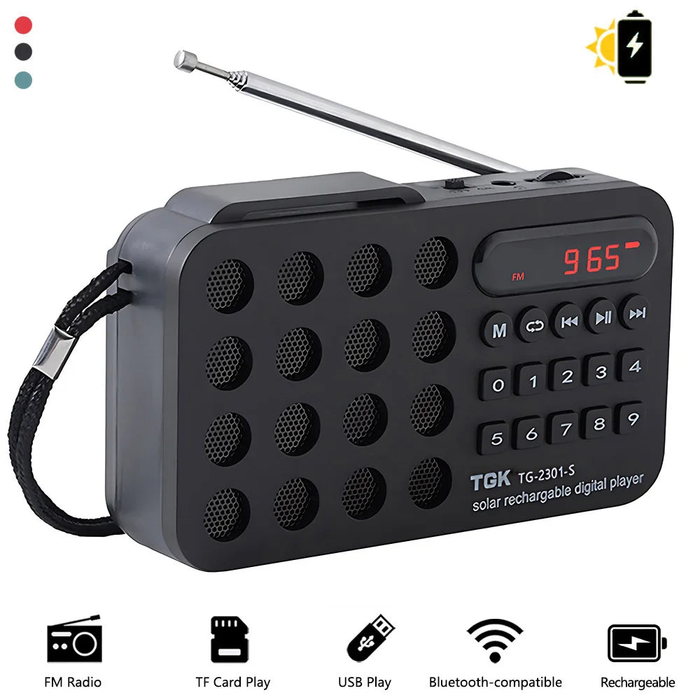 Black tgk tg-2301-s portable fm radio with silver antenna red led display mini solar bluetooth card mp3 music player