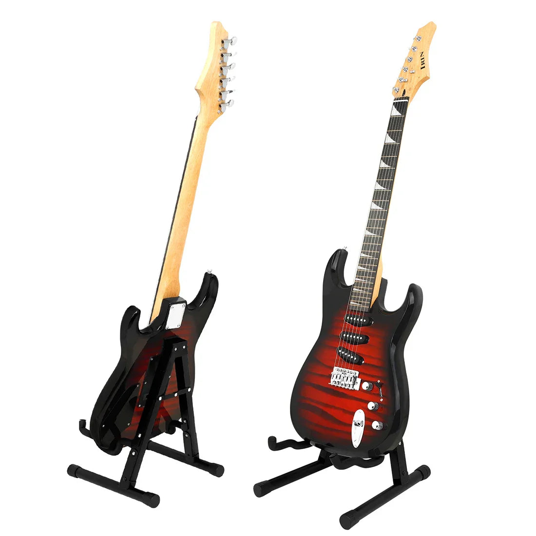 Two miniature electric guitars with red to black gradient finish on portable guitar stand holder foldable tripod sturdy stable string