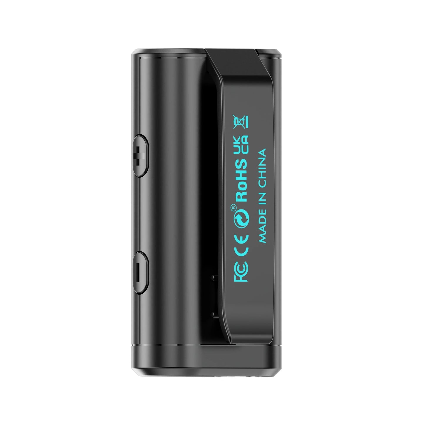 Black rectangular portable hd audio interface with matte finish and teal certification markings for guitar recording type beat music