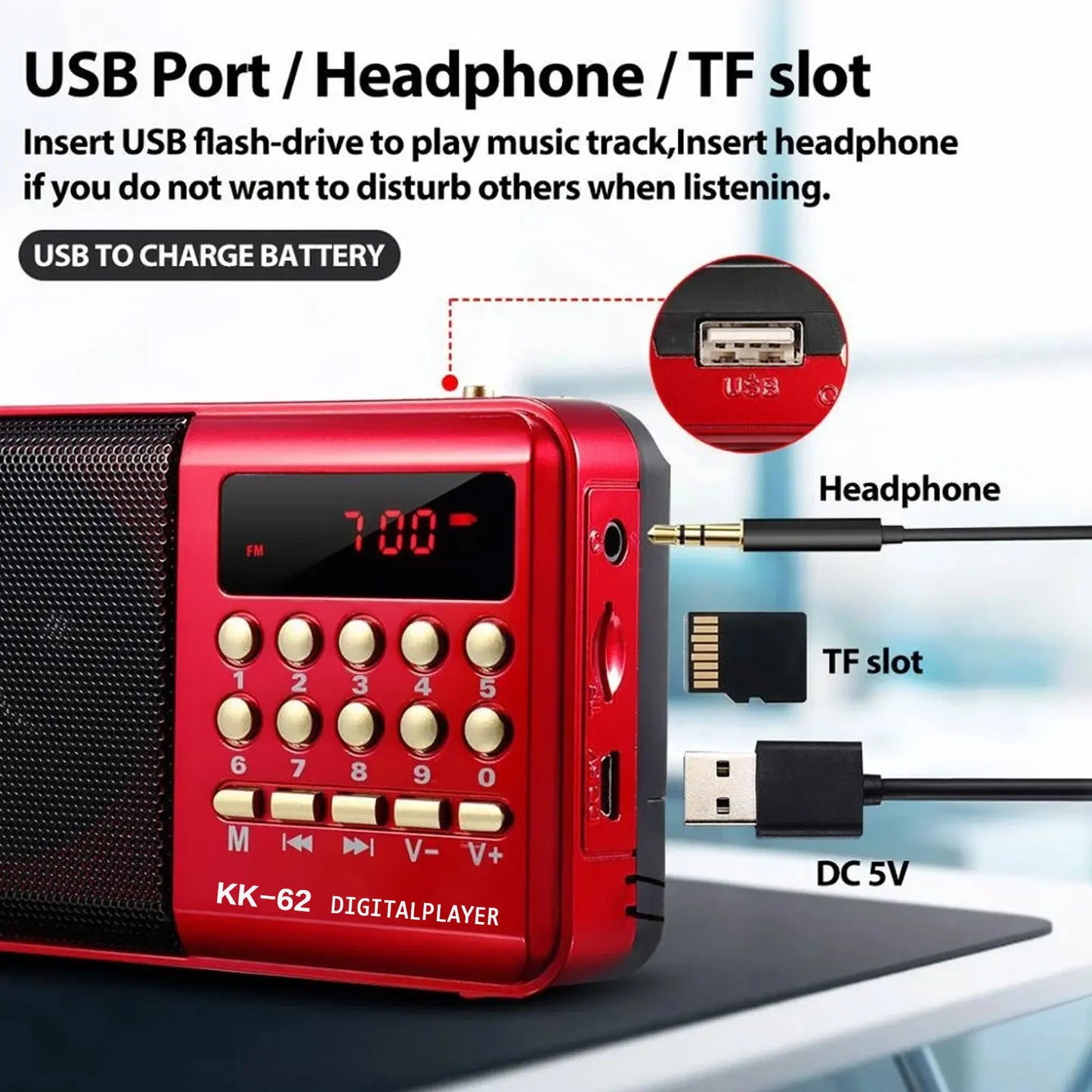 Red kk-62 portable mini radio with metallic finish, black speaker grille, and gold buttons is a compact audio device with player wireless speakers
