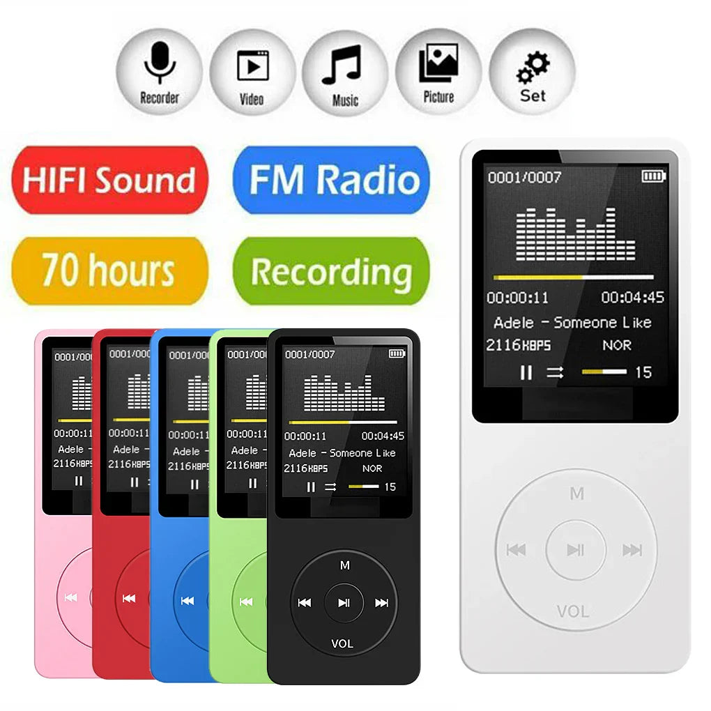 White rectangular portable mp3 player with rechargeable record noise and lossless pocket sport music playback display