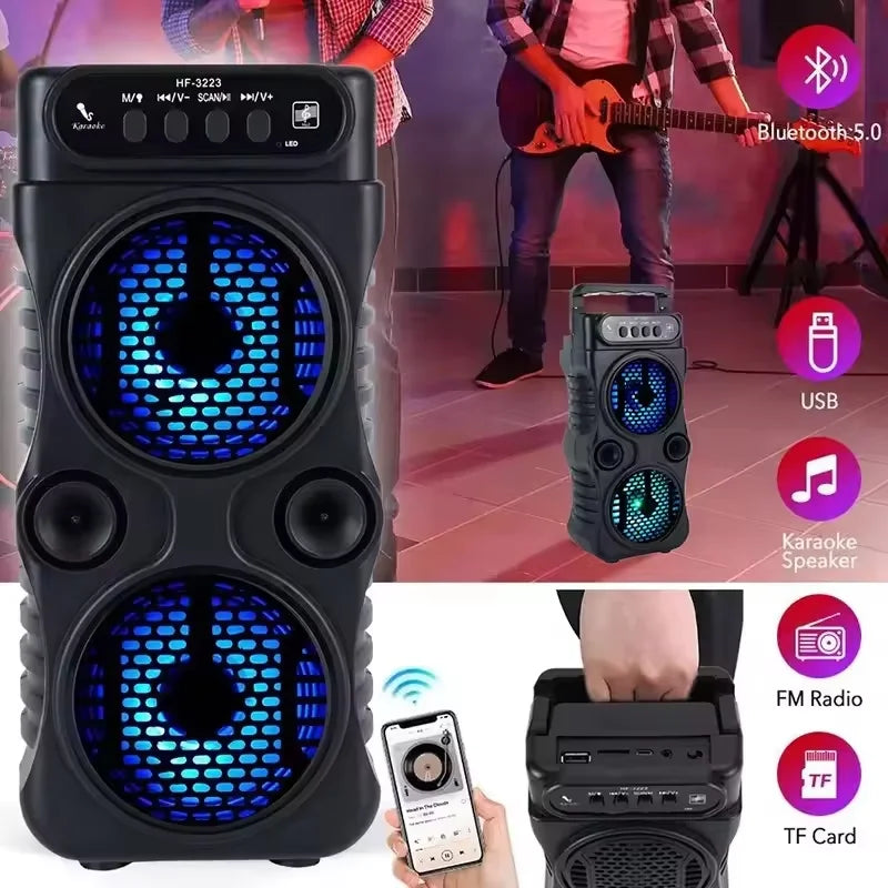 Black portable outdoor wireless speaker with blue led mesh grille and multiple ports for high quality music enjoyment