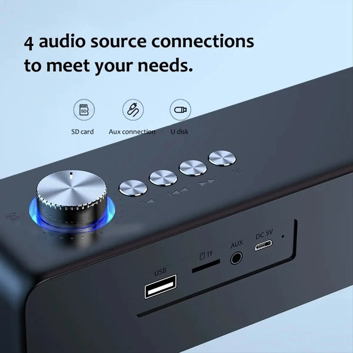 Black portable sound bar with silver knobs and ports for sd card aux usb tf and dc input shown from back side