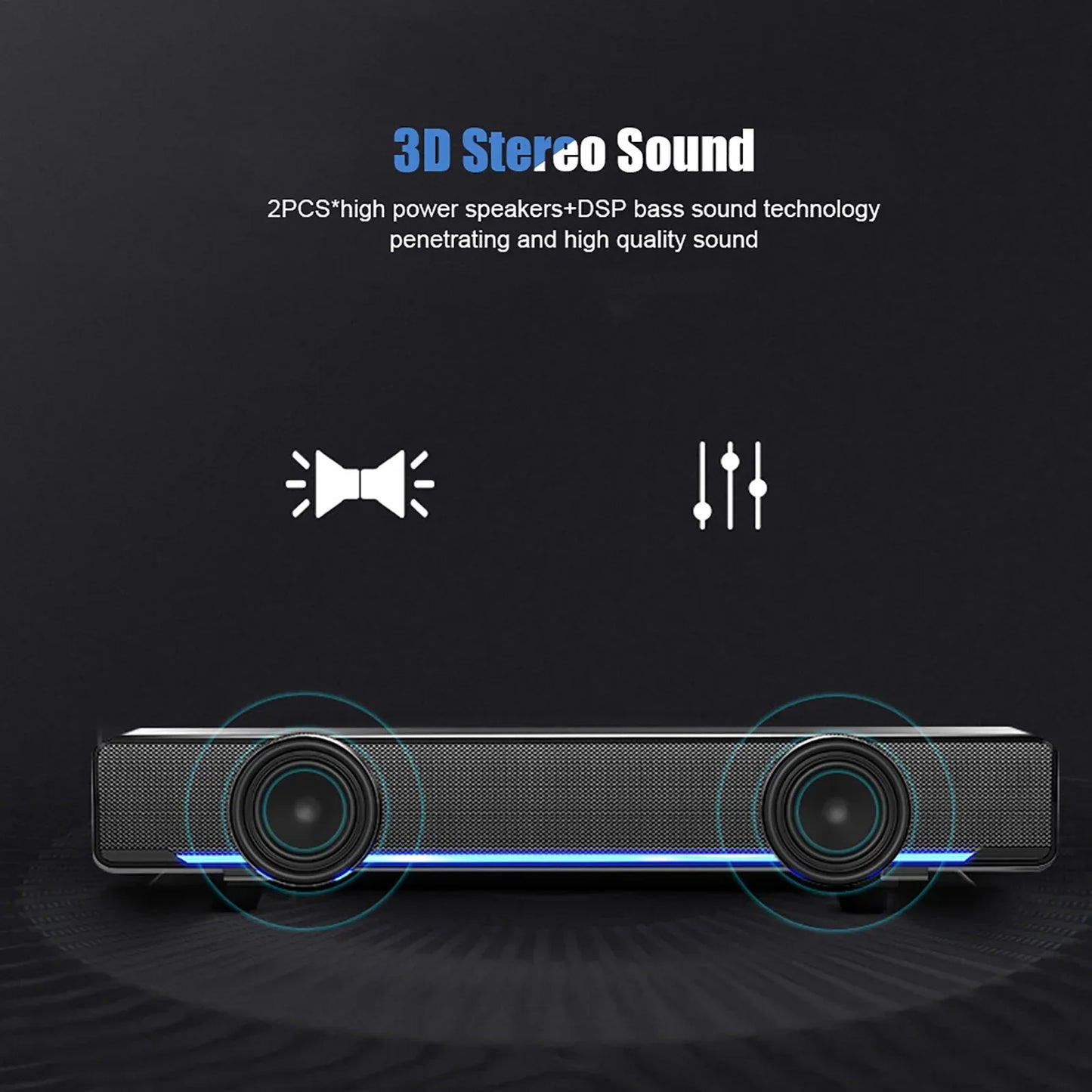 Black rectangular portable stereo soundbar with two speakers and blue light strip for laptop home theater 3.5mm input surround sound box