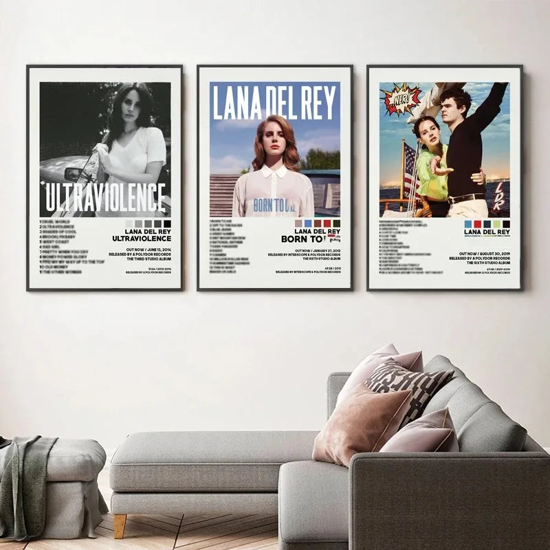 Three framed lana del rey album posters featuring ultraviolence born to die and american flag artwork wall decor
