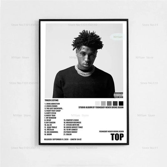 Black and white framed poster print of youngboy never broke again album cover top with tracklist and parental advisory label