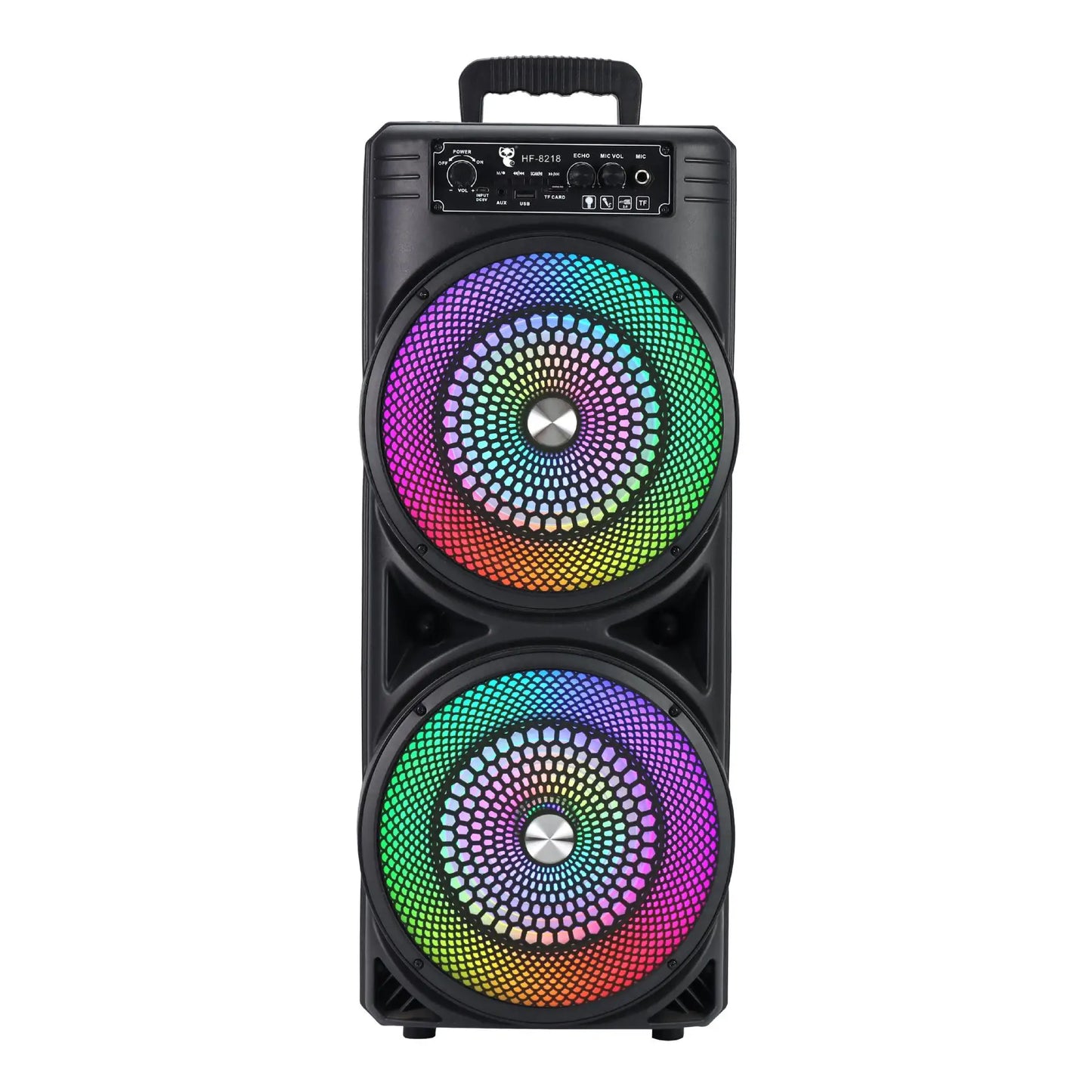 Black powerful bluetooth dual speaker sound box with two large drivers and vibrant rainbow led lighting control panel on top