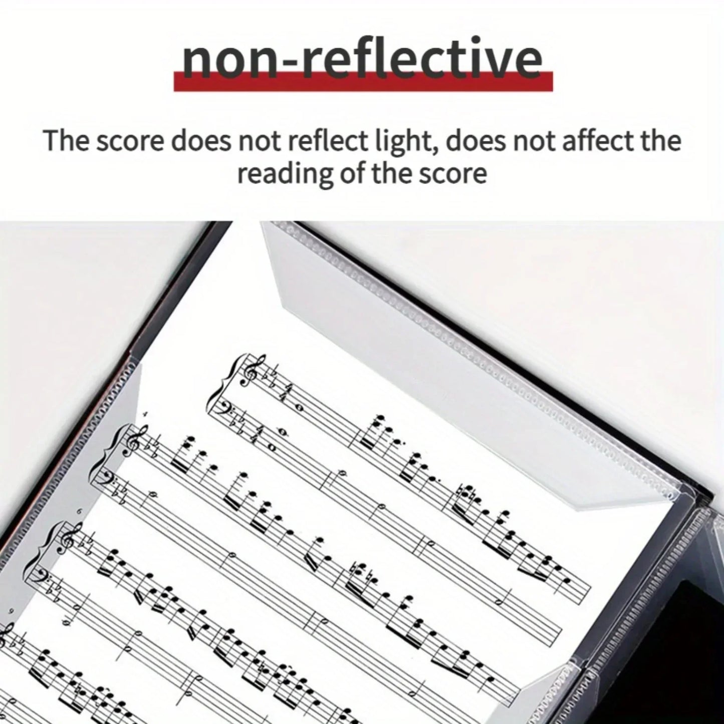 Black non-reflective premium piano sheet music clip with clear plastic cover tri-fold design six-page capacity for musicians