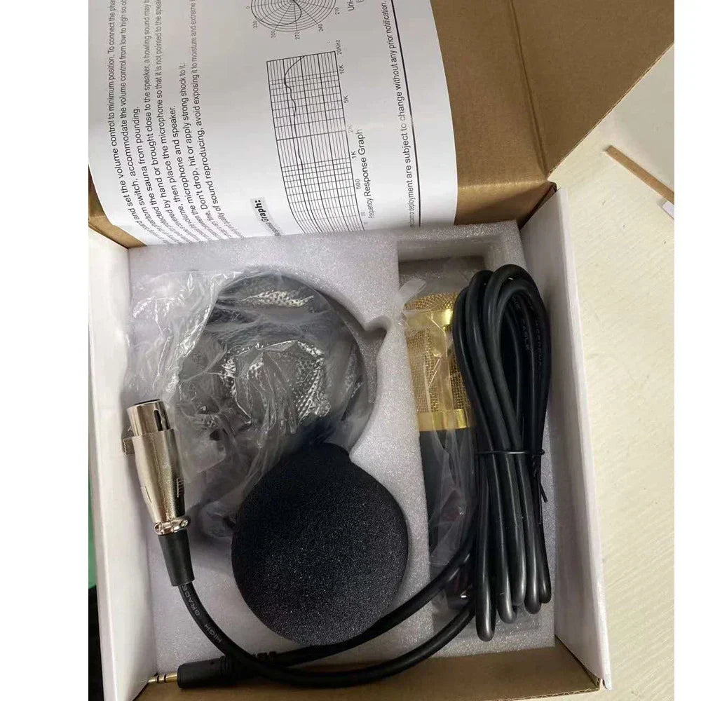 Gold-colored pro studio condenser recording audio microphone with shock mount foam and cables in protective packaging
