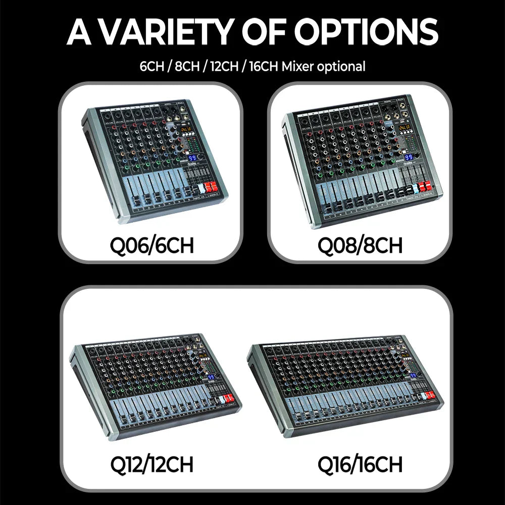 Black and gray mixer dgnog q12 with silver trim featuring 12 channels and 48v phantom power studio audio console