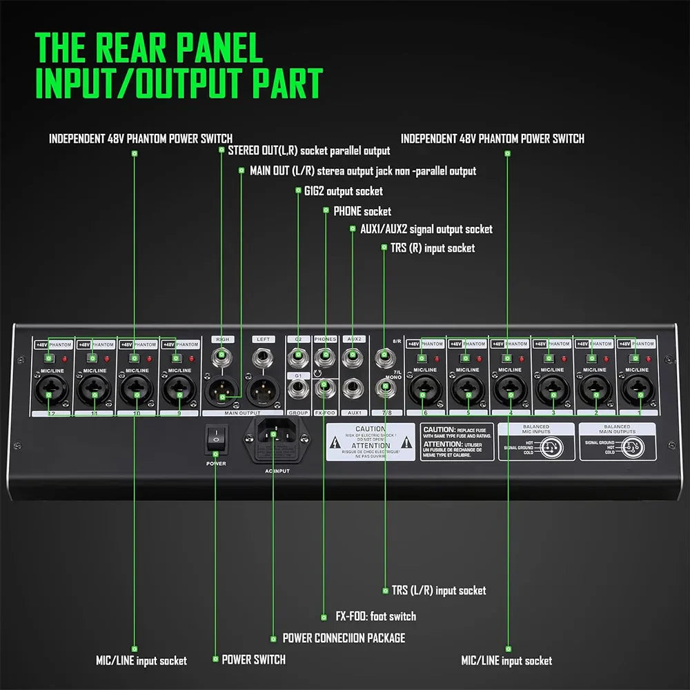 Black professional 12channel 99dsp dj audio mixer with multiple input output sockets and mp3 microphone recording features