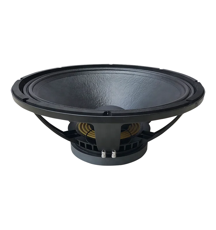 Black rugged powered subwoofer speaker driver f18b with textured cone and visible yellow voice coil for pro audio use