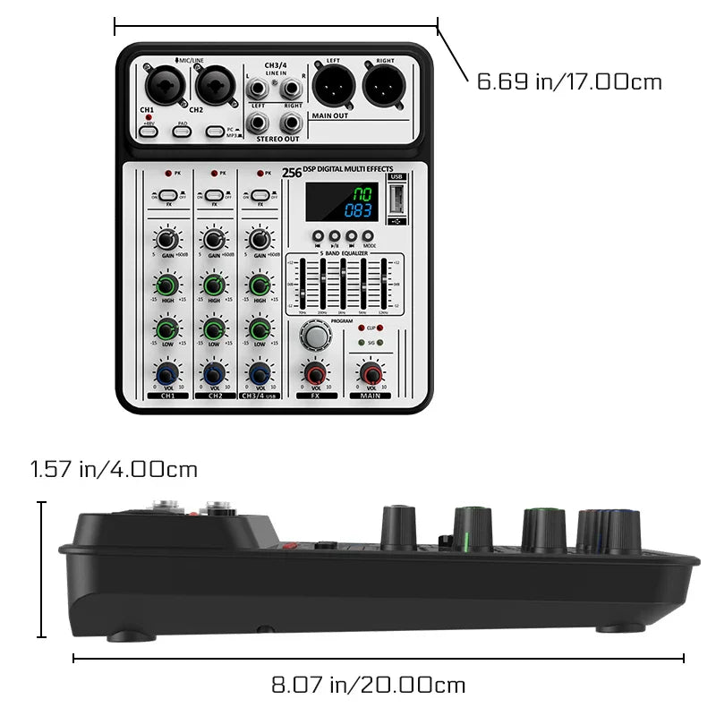 Black and white 256dsp audio mixer with green blue and red knobs for usb studio karaoke and bluetooth dj console use