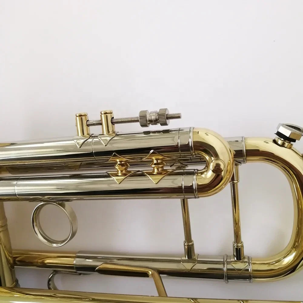Professional bb trumpet in shiny gold-plated brass with polished valves and diamond accents for beat music store use