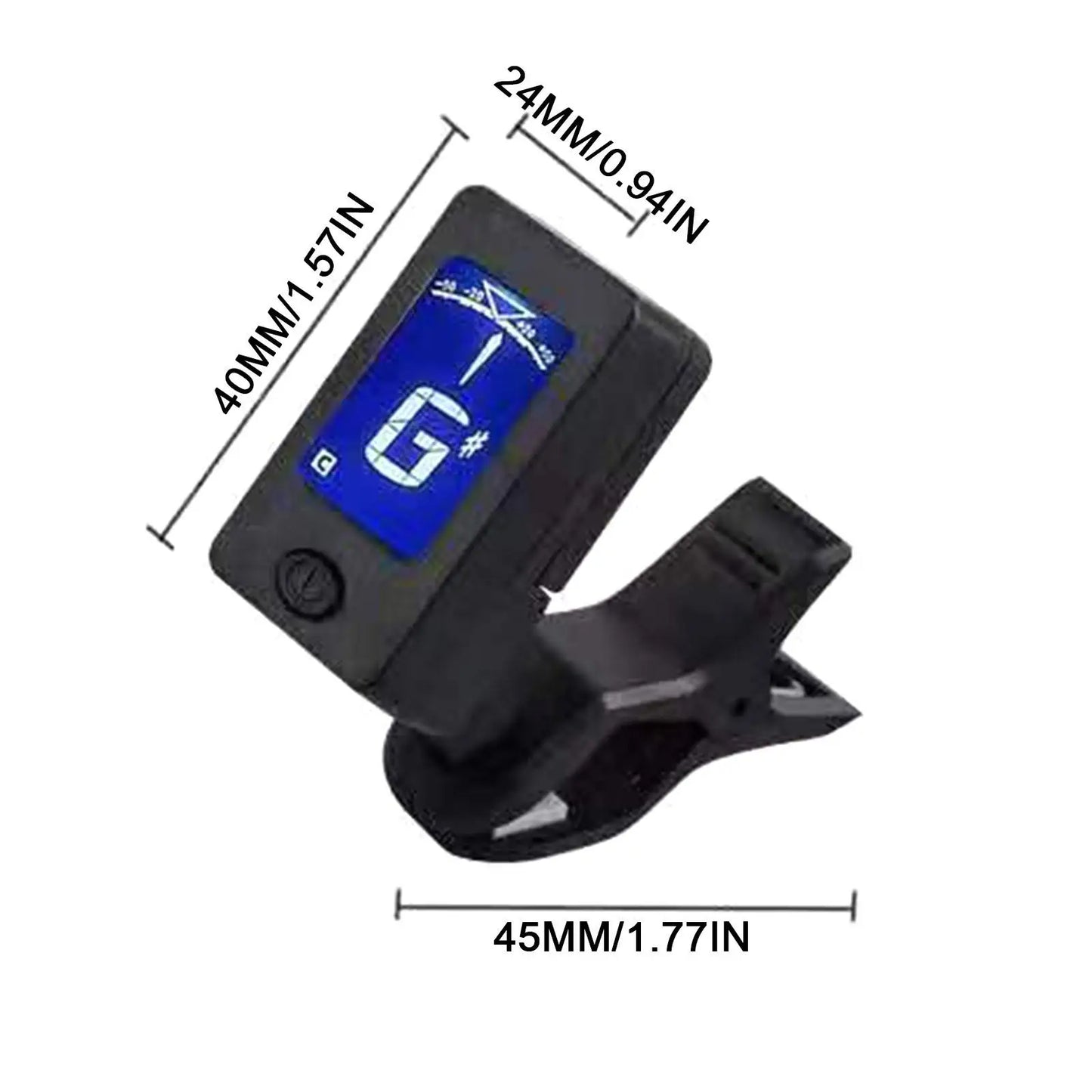 Black digital clip-on professional 360 degree acoustic guitar tuner with blue lcd screen displaying note g for guitar ukulele accessories