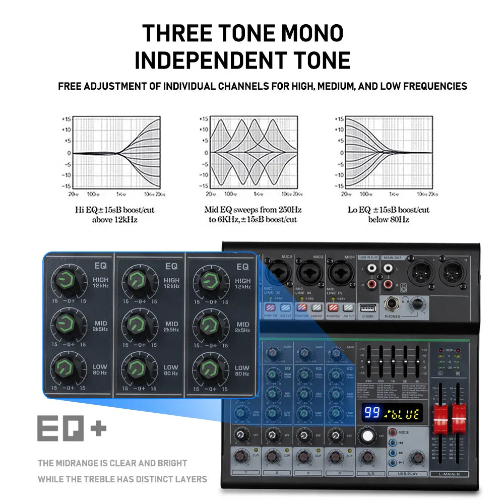 Black and blue professional DJ party 6 channel audio mixer with three tone mono independent controls for music recording singing