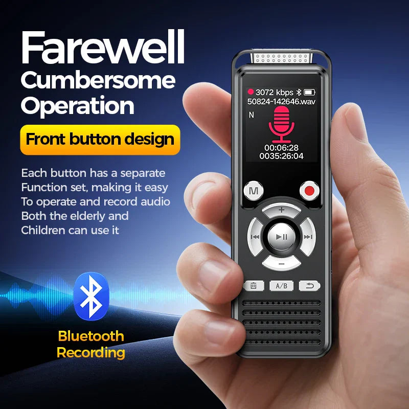 Black rectangular digital voice recorder with silver buttons and screen featuring noise canceling mic for clear audio recording rechargeable