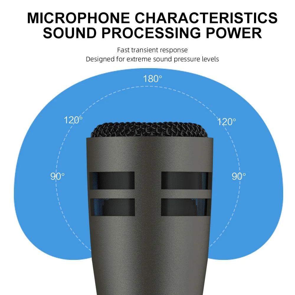 Professional metal wired black drum mic e604 with mesh grille and rectangular cutouts featuring clip arm mount