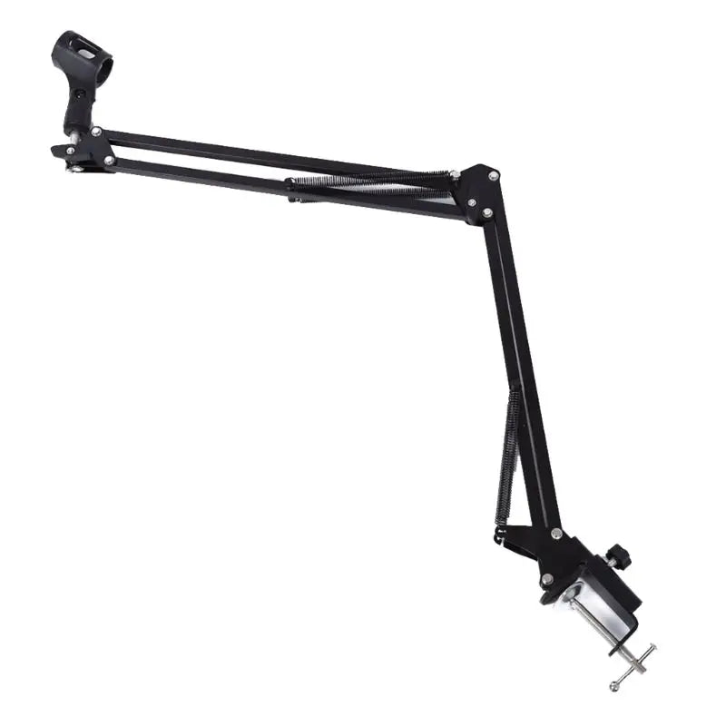 Black adjustable professional recording microphone boom arm stand with clamp base and articulated joints for flexible positioning