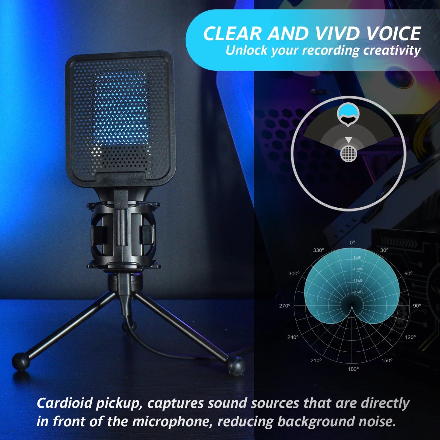 Black professional microphone condenser with perforated grille and tripod stand for streaming studio podcast use